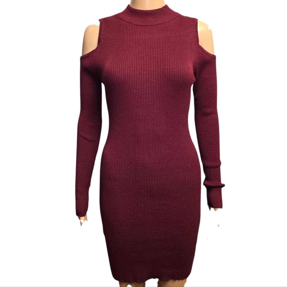 Burgundy Ribbed Cold Shoulder Bodycon Sweater Dress Slim Large